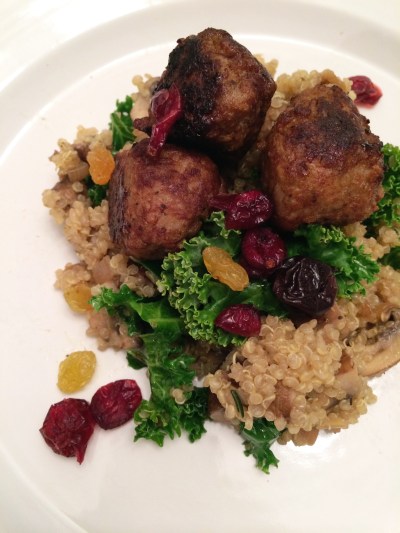 amanda macy hall Rosemary Mushroom Quinoa 'Risotto' with Kale, Chicken Meatballs, Dried Cranberries and Golden Raisins